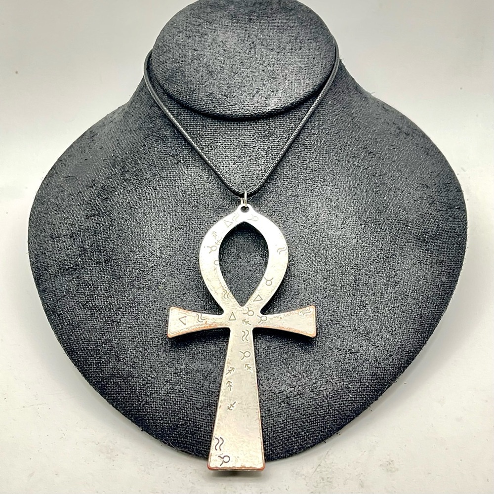 Large Polished Silver Tone Anhk Cross Pendant on Black Cord Necklace